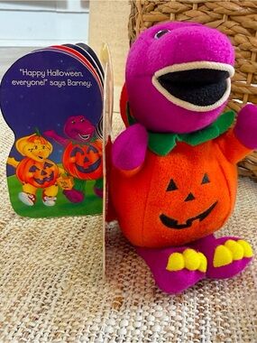 Vintage Y2K Barney Pumpkin Plush with Halloween Book